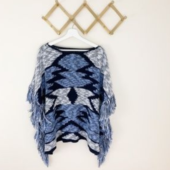 INC International Concepts Blue Aztec Southwestern Print Fringed Poncho Sweater - Picture 1 of 7